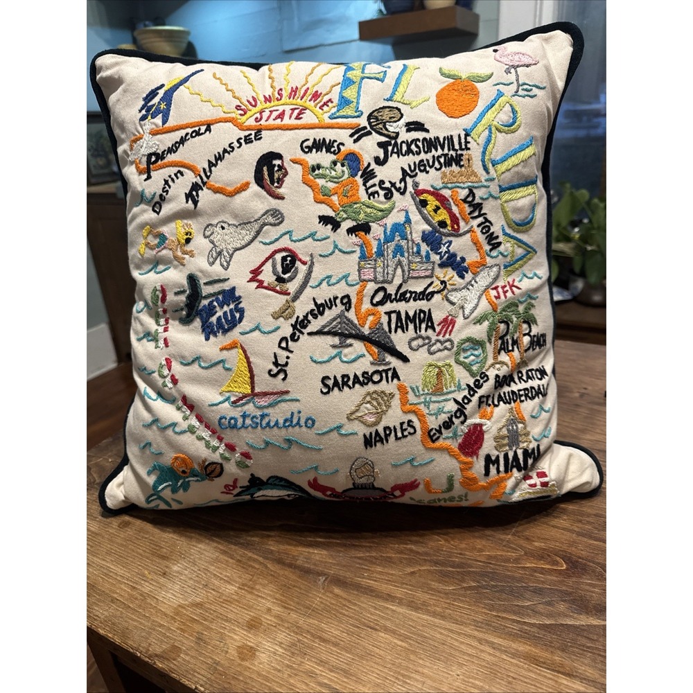 Catstudio Florida 2004 Hand-Embroidered Decorative Pillow USA Cat Studio New Tag